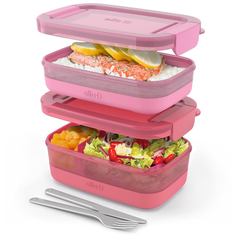 Ello 2Pack Lunch Stack Plastic Food Storage Container Bento Box with Airtight LeakProof Locking Plastic Lids and Silicone Base BPAFree Freezer Microwave and Dishwasher Safe Guava