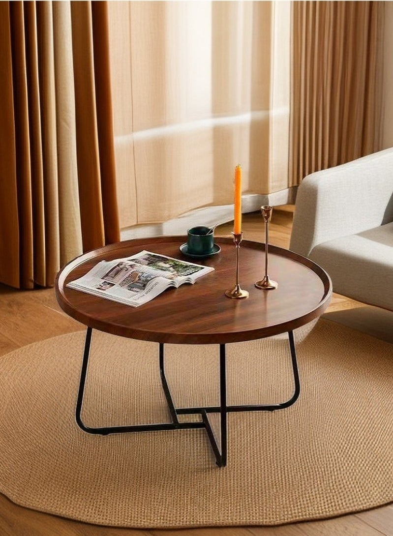 WALALLA Modern Industrial Simple Style Circular Coffee Table, Black Metal Frame and Walnut Tune MDF Board Tea Table for Living Room Bedroom Apartment Office 80 x 80 x 46 cm - Image 1