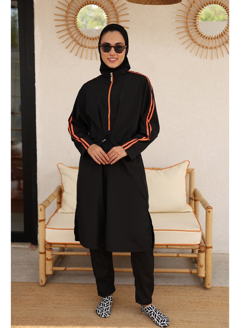 BAE - before anything else Hayaa, Black with Orange Stripes Knee Length Full Coverage Muslim Burkini Swimwear - Image 1