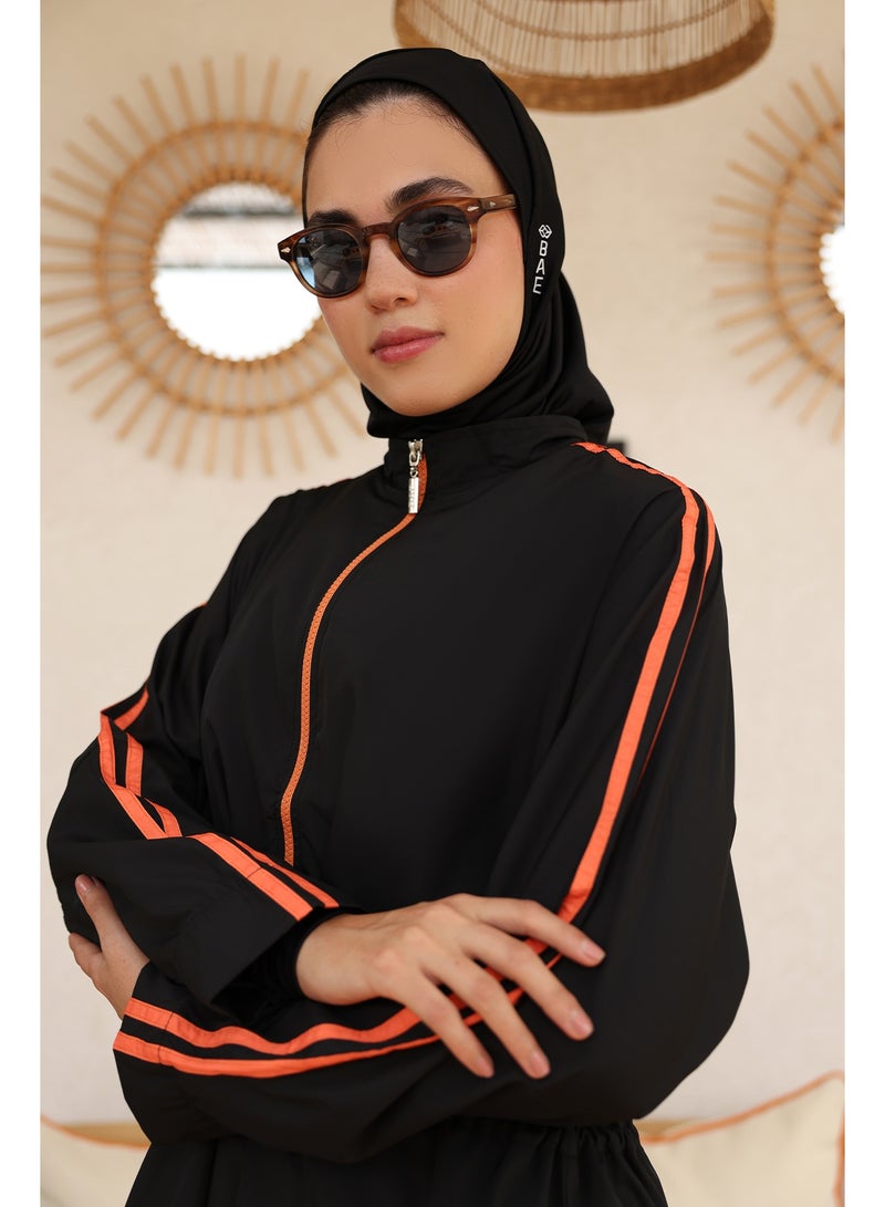 BAE - before anything else Hayaa, Black with Orange Stripes Knee Length Full Coverage Muslim Burkini Swimwear - Image 2