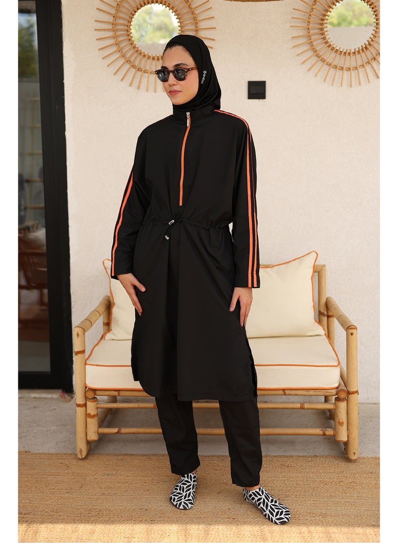 BAE - before anything else Hayaa, Black with Orange Stripes Knee Length Full Coverage Muslim Burkini Swimwear - Image 3