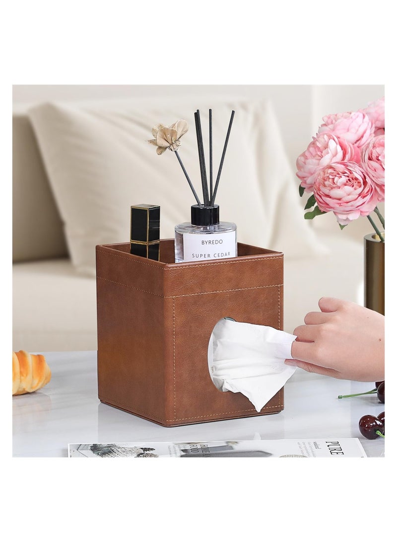 KASTWAVE Tissue Box Cover, PU Leather Square Tissue Box Holder with Storage Valet Tray, Decorative Tissue Holders, Modern Tissues Case Napkin Dispenser Facial Paper Organizer for Bathroom Vanity, Brown - Image 2