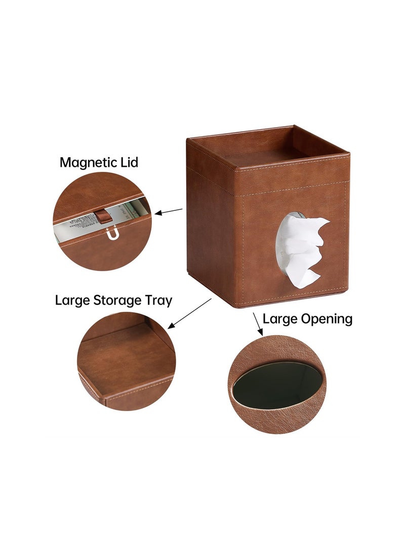 KASTWAVE Tissue Box Cover, PU Leather Square Tissue Box Holder with Storage Valet Tray, Decorative Tissue Holders, Modern Tissues Case Napkin Dispenser Facial Paper Organizer for Bathroom Vanity, Brown - Image 4