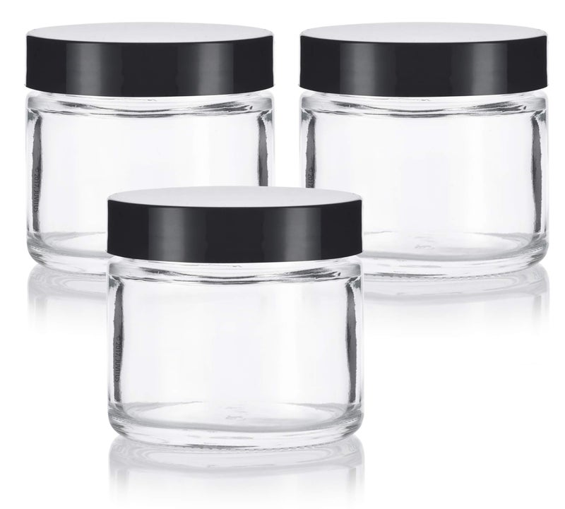 JUVITUS Clear Thick Glass Straight Sided Jar - 2 oz / 60 ml (3 pack) Airtight Smell Proof BPA Free Lids - Image 1