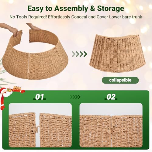 ELYKEN 28 Inch Christmas Tree Collar, Paper Rope Woven Xmas Tree Skirt for Artificial Trees, Rustic Farmhouse Basket for Tree Base Cover with Cord Cut-Out for Pencil Silm Trees Xmas Holiday Decor - Image 5