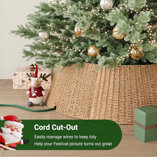 ELYKEN 28 Inch Christmas Tree Collar, Paper Rope Woven Xmas Tree Skirt for Artificial Trees, Rustic Farmhouse Basket for Tree Base Cover with Cord Cut-Out for Pencil Silm Trees Xmas Holiday Decor - Image 3