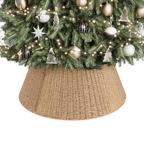 ELYKEN 28 Inch Christmas Tree Collar, Paper Rope Woven Xmas Tree Skirt for Artificial Trees, Rustic Farmhouse Basket for Tree Base Cover with Cord Cut-Out for Pencil Silm Trees Xmas Holiday Decor - Image 1