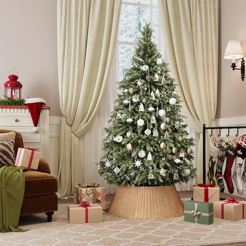ELYKEN 28 Inch Christmas Tree Collar, Paper Rope Woven Xmas Tree Skirt for Artificial Trees, Rustic Farmhouse Basket for Tree Base Cover with Cord Cut-Out for Pencil Silm Trees Xmas Holiday Decor - Image 2