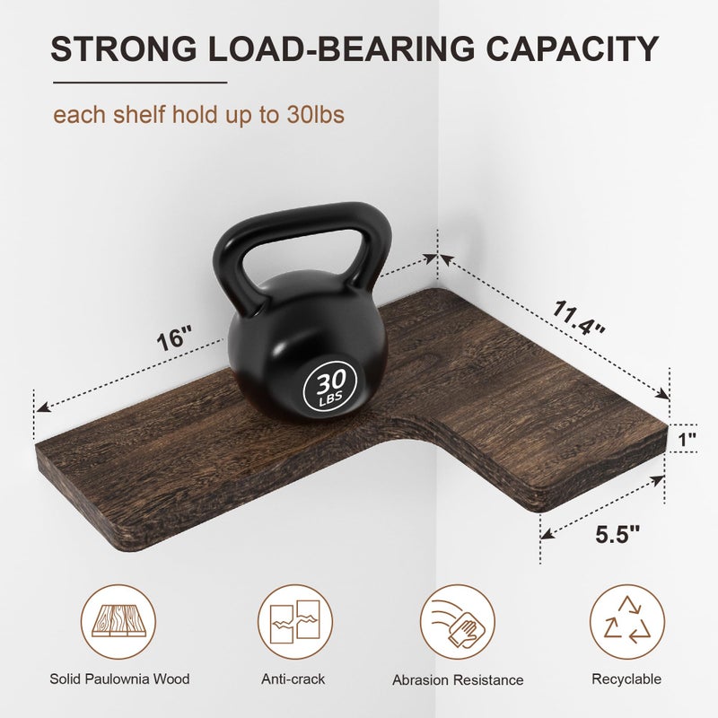 fuqing Floating Corner Shelves, Wall Shelf Set of 3, Shelves for Wall Storage, Solid Wood Shelves for Storage, Wall Mount Wooden Display Shelf for Bathroom Bedroom Kitchen Garage, Rustic Brown - Image 3