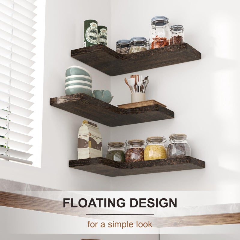 fuqing Floating Corner Shelves, Wall Shelf Set of 3, Shelves for Wall Storage, Solid Wood Shelves for Storage, Wall Mount Wooden Display Shelf for Bathroom Bedroom Kitchen Garage, Rustic Brown - Image 2