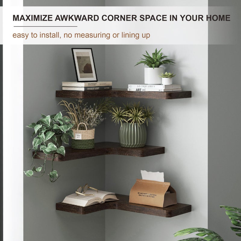 fuqing Floating Corner Shelves, Wall Shelf Set of 3, Shelves for Wall Storage, Solid Wood Shelves for Storage, Wall Mount Wooden Display Shelf for Bathroom Bedroom Kitchen Garage, Rustic Brown - Image 5