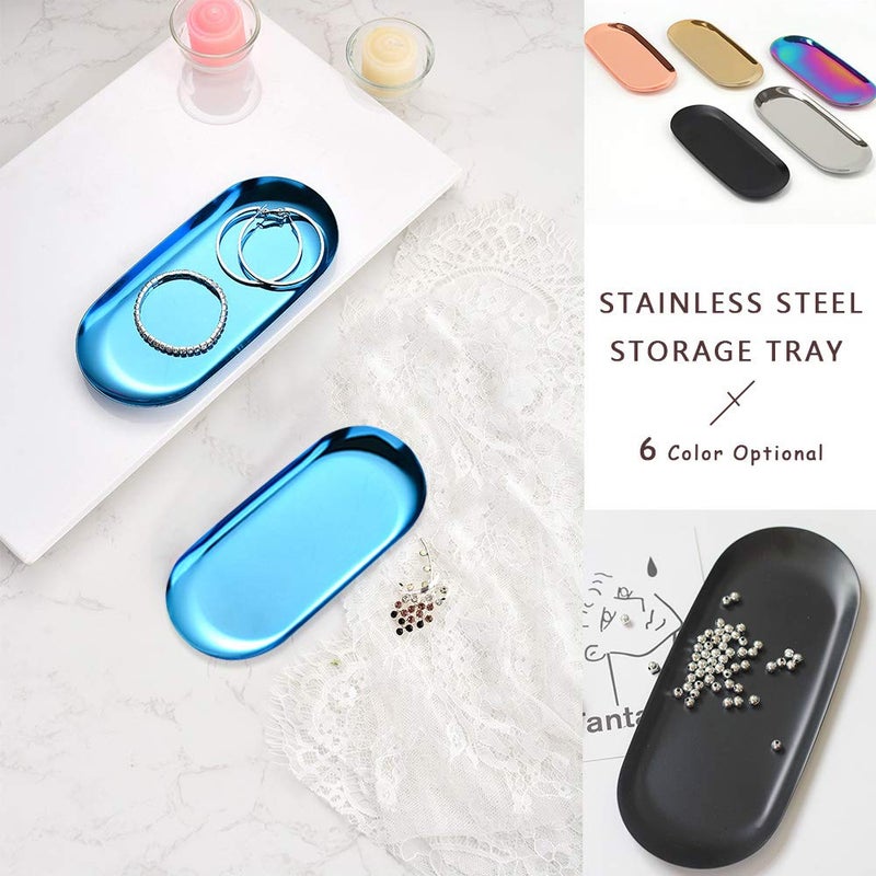 Roucerlin 2 Pack 7.1 x 3.3 in Small Stainless Steel Storage Tray, Premium Metal Organizer Plate to Hold Fruit, Tea, Cosmetics, Jewelry, Oval Stainless Steel Towel Tray for Vanity, Bathroom, Closets (Silver) - Image 3