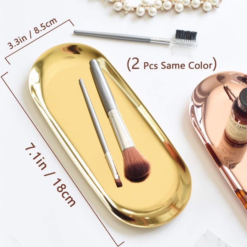 Roucerlin 2 Pack 7.1 x 3.3 in Small Stainless Steel Storage Tray, Premium Metal Organizer Plate to Hold Fruit, Tea, Cosmetics, Jewelry, Oval Stainless Steel Towel Tray for Vanity, Bathroom, Closets (Silver) - Image 2