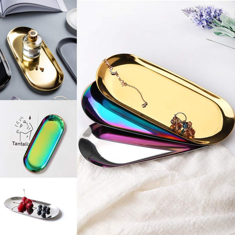 Roucerlin 2 Pack 7.1 x 3.3 in Small Stainless Steel Storage Tray, Premium Metal Organizer Plate to Hold Fruit, Tea, Cosmetics, Jewelry, Oval Stainless Steel Towel Tray for Vanity, Bathroom, Closets (Silver) - Image 5