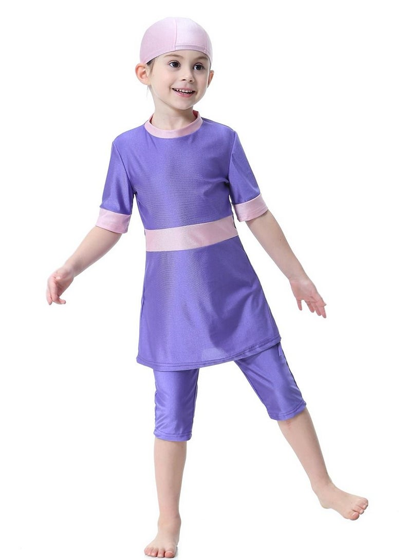 Loquat Girl's 3-Piece Conservative Swimwear Set Short Sleeve Burkini Swimsuit With Pyjama Purple/Pink  - Image 1