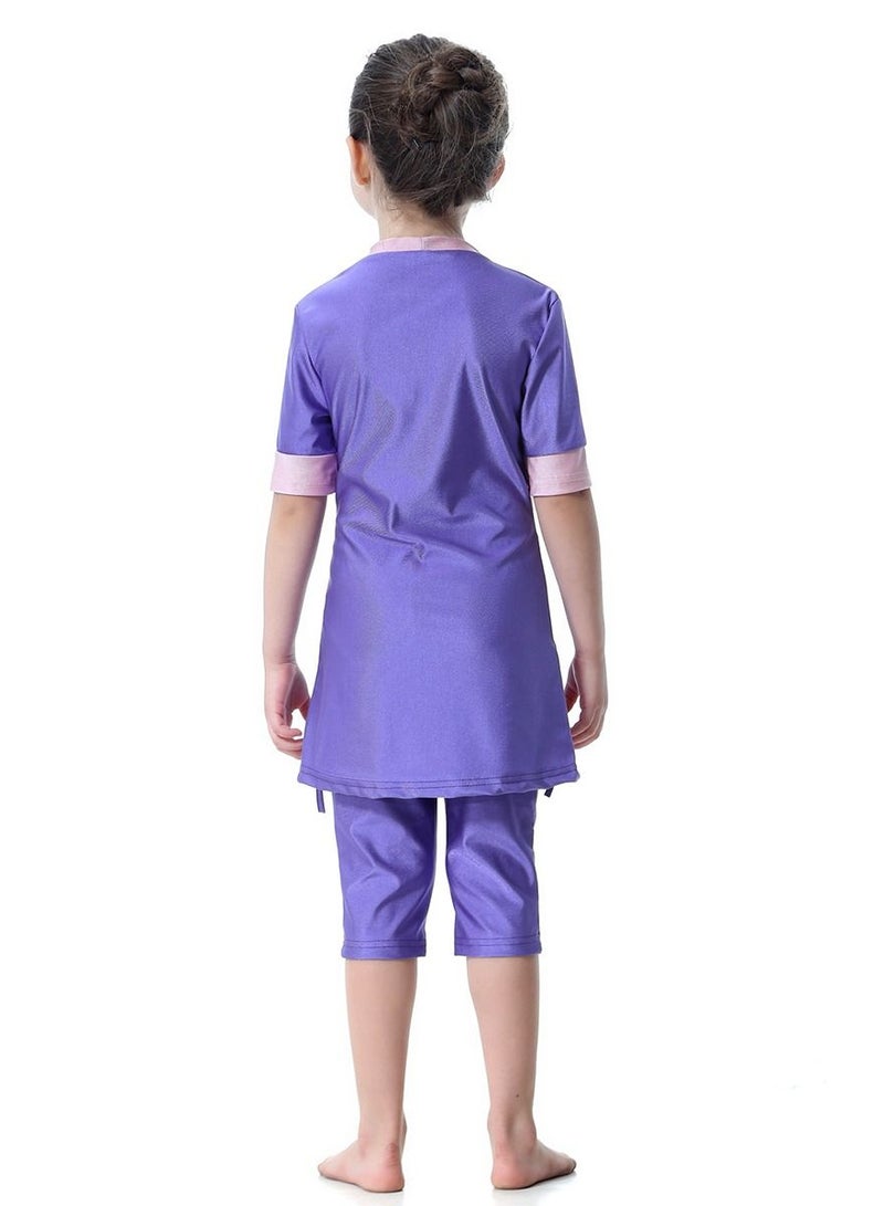 Loquat Girl's 3-Piece Conservative Swimwear Set Short Sleeve Burkini Swimsuit With Pyjama Purple/Pink  - Image 2