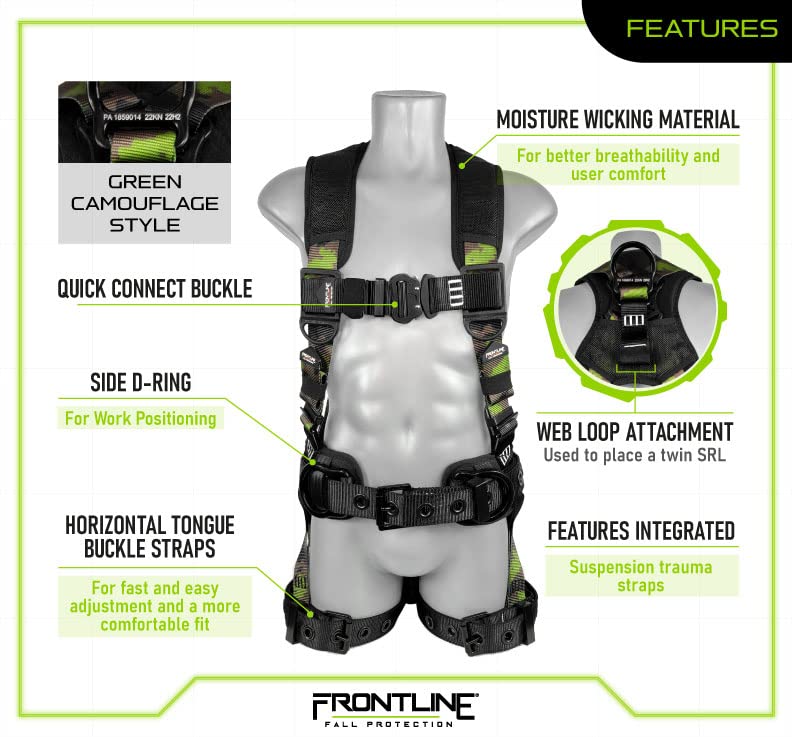FRONTLINE FALL PROTECTION Frontline 110CTB-CF-S Combat™ Lite Camouflage Full Body Harness (Size:S) | Suspension Trauma Straps| Green Camouflage Style| OSHA & ANSI Compliant - Image 4