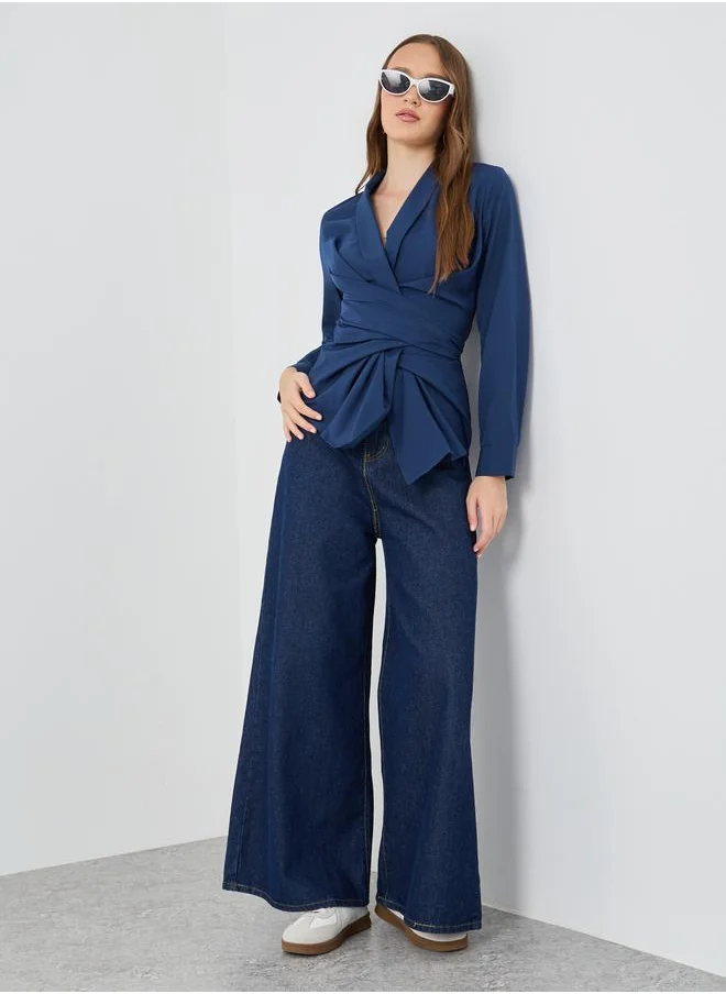 Take Two Take Two Solid Long sleeves V-Neck Wrap Top