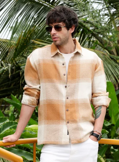 Campus Sutra Men Vignette-Checkered Oversized Shirt | Spread Collar, Long Single-Button Cuff Sleeves | Button , Straight Hem | Plaid Twill | Woven Fabric For Casual & Daily Wear | Tan Brown:Off White