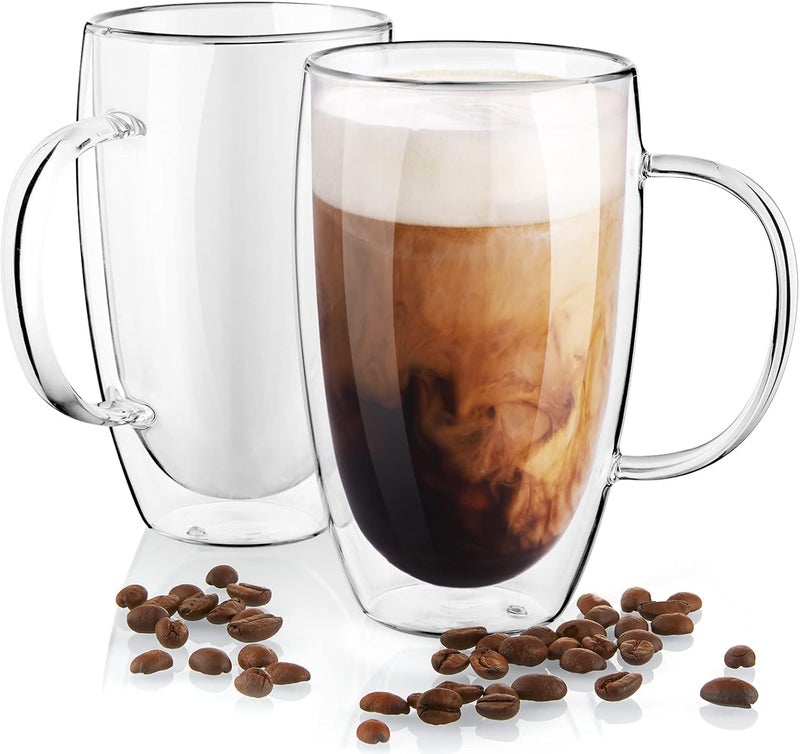 KONSSEE Double Wall Glass Coffee Mugs Set of 2 16 oz Insulated Coffee Mug with Handle Clear Borosilicate Glass Coffee Cups for Cappuccino Tea Lightweight and Microwave Safe - Image 1