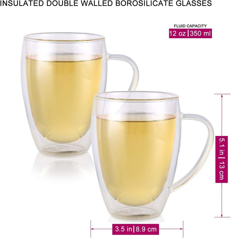 KONSSEE Double Wall Glass Coffee Mugs Set of 2 16 oz Insulated Coffee Mug with Handle Clear Borosilicate Glass Coffee Cups for Cappuccino Tea Lightweight and Microwave Safe - Image 2