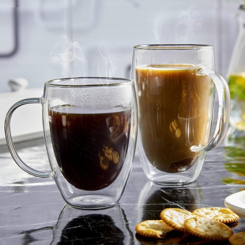 KONSSEE Double Wall Glass Coffee Mugs Set of 2 16 oz Insulated Coffee Mug with Handle Clear Borosilicate Glass Coffee Cups for Cappuccino Tea Lightweight and Microwave Safe - Image 5