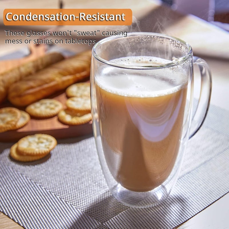KONSSEE Double Wall Glass Coffee Mugs Set of 2 16 oz Insulated Coffee Mug with Handle Clear Borosilicate Glass Coffee Cups for Cappuccino Tea Lightweight and Microwave Safe - Image 4