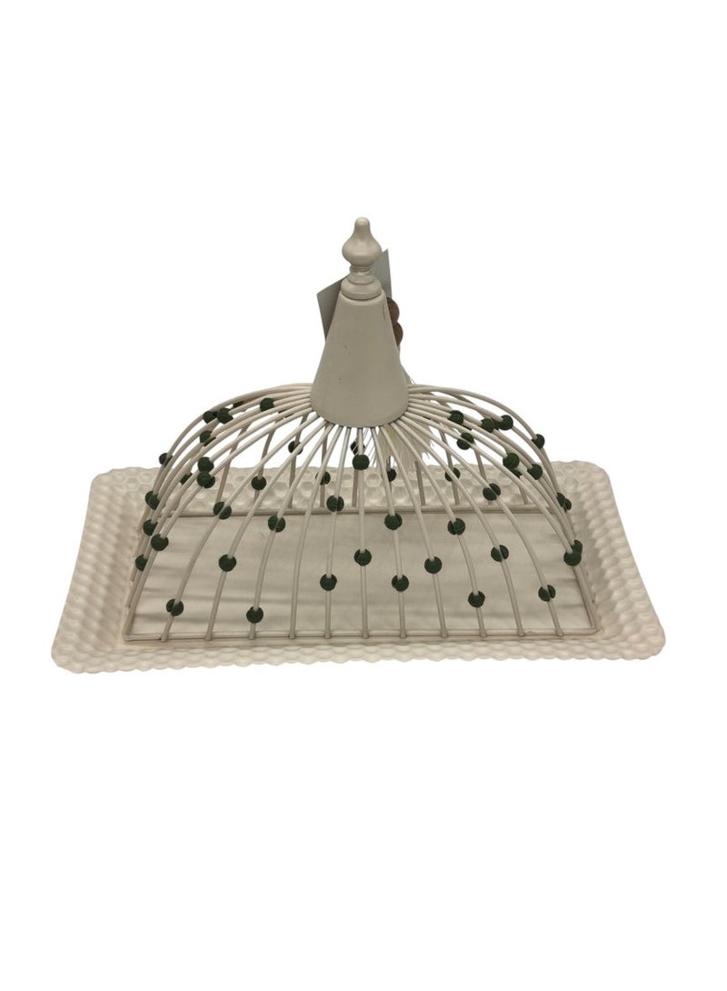 AKDC Metal Rectangular Candy Tray with Lid 30cm*16cm*23, White with Green Beads - Image 1