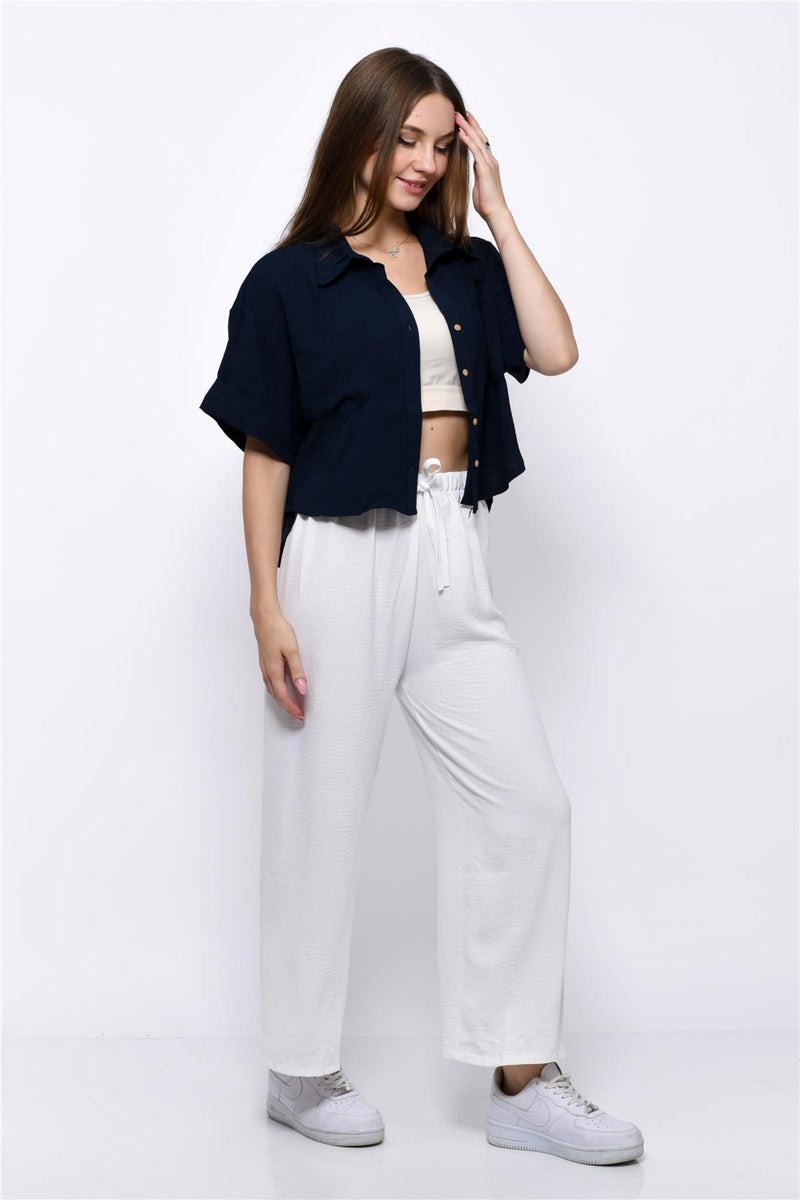 Nuseel Aerobin Crop Shirt Elastic Waist Trousers 2 Piece Set White - Image 4