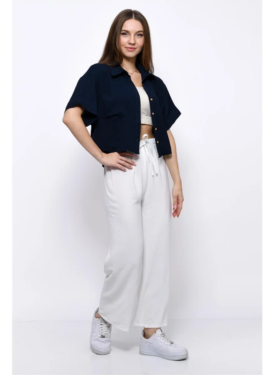 Nuseel Aerobin Crop Shirt Elastic Waist Trousers 2 Piece Set White