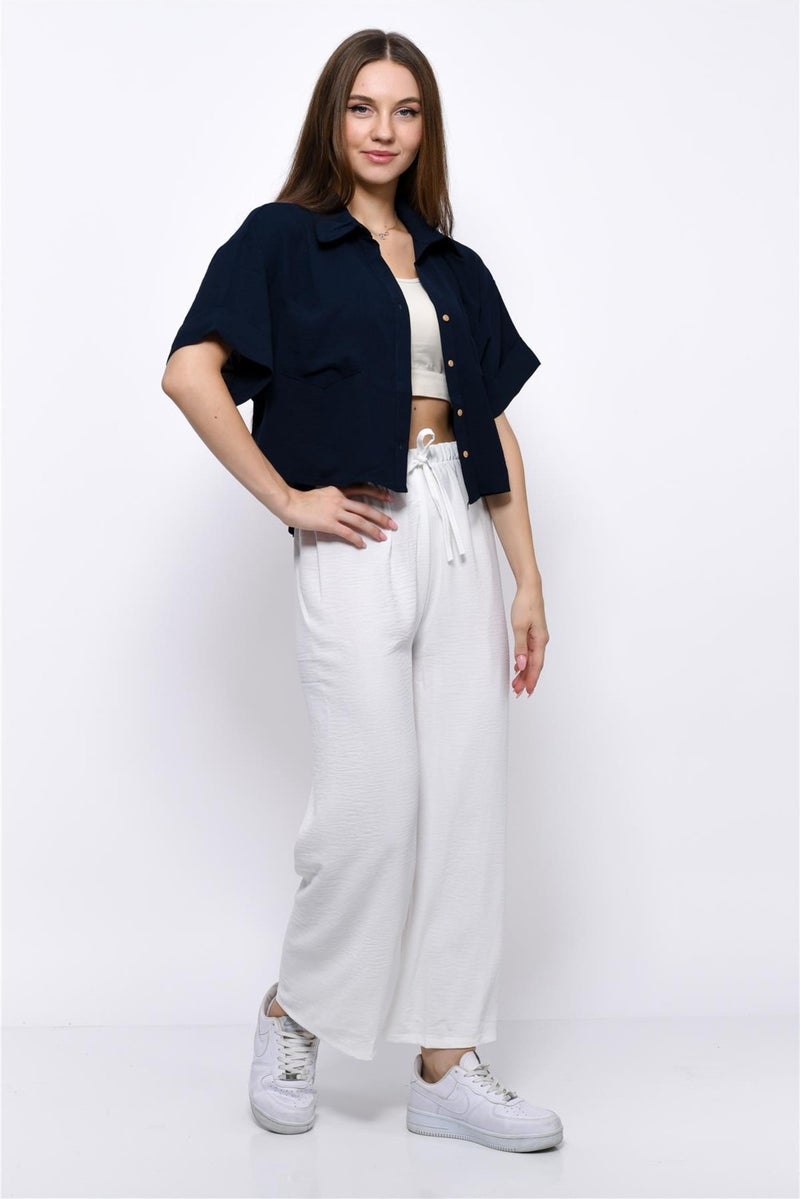 Nuseel Aerobin Crop Shirt Elastic Waist Trousers 2 Piece Set White - Image 1