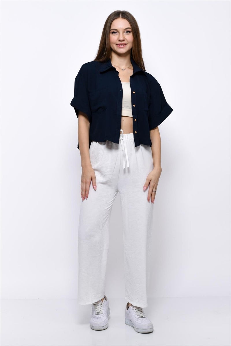 Nuseel Aerobin Crop Shirt Elastic Waist Trousers 2 Piece Set White - Image 3