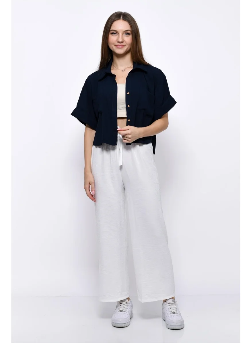 Nuseel Aerobin Crop Shirt Elastic Waist Trousers 2 Piece Set White
