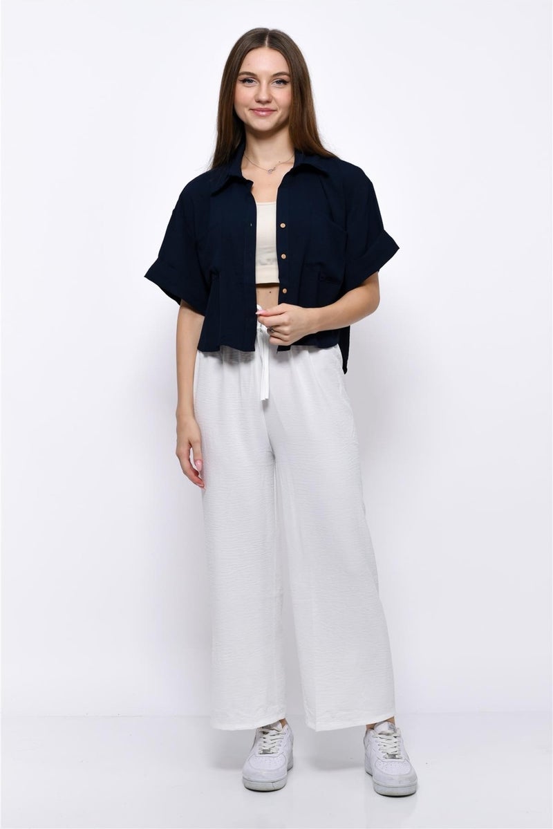 Nuseel Aerobin Crop Shirt Elastic Waist Trousers 2 Piece Set White - Image 2