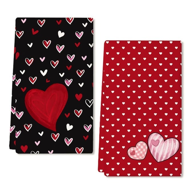 VALENTINES DAY KITCHEN TOWELS SET OF 2BLACK RED WATERCOLOR HEART DISH TOWELS 18X26 INCH DRYING DISHCLOTHFARMHOUSE HOME WEDDING DECORATION AD184