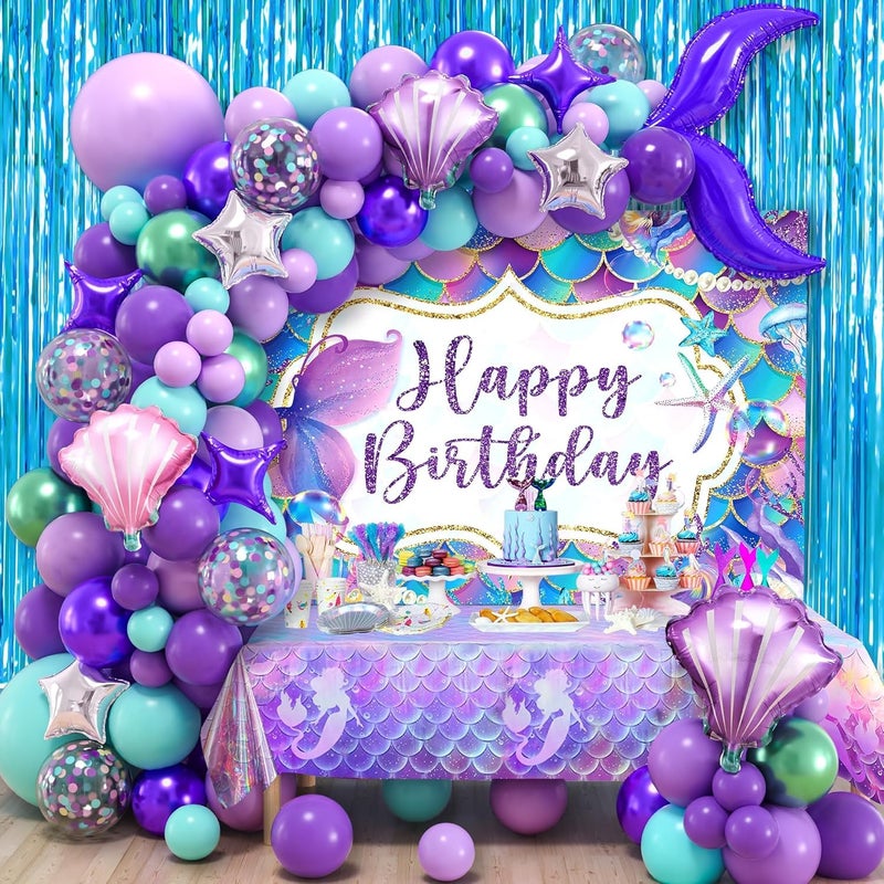 SNLN 139Pcs Mermaid Birthday Party Decorations Supplies for Girl Kid Mermaid Balloon Arch Backdrop Tablecloth Fringe Curtain Tail Shell Star Foil Balloon Princess Themed Mermaids Party Decoration - Image 3