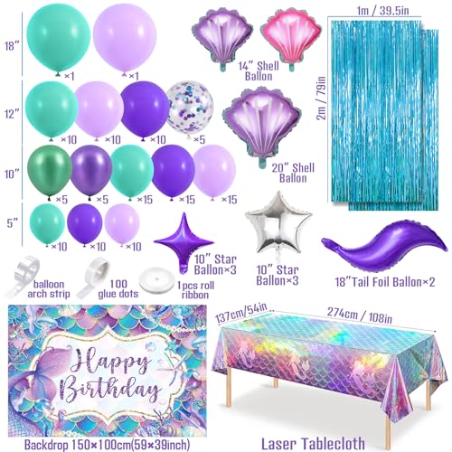 SNLN 139Pcs Mermaid Birthday Party Decorations Supplies for Girl Kid Mermaid Balloon Arch Backdrop Tablecloth Fringe Curtain Tail Shell Star Foil Balloon Princess Themed Mermaids Party Decoration - Image 5