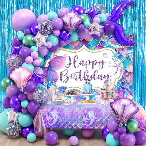 SNLN 139Pcs Mermaid Birthday Party Decorations Supplies for Girl Kid Mermaid Balloon Arch Backdrop Tablecloth Fringe Curtain Tail Shell Star Foil Balloon Princess Themed Mermaids Party Decoration - Image 1
