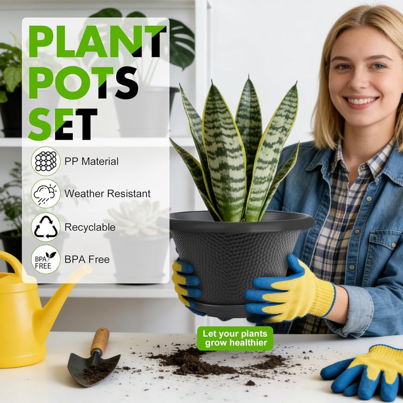 Quarut 12 Inch Pots for Plants,4 Pack Large Flower Pots with Drainage Hole & Saucer,Modern Planters for Indoor Outdoor Plants,Decorative Resin Garden Pots Black - Image 2