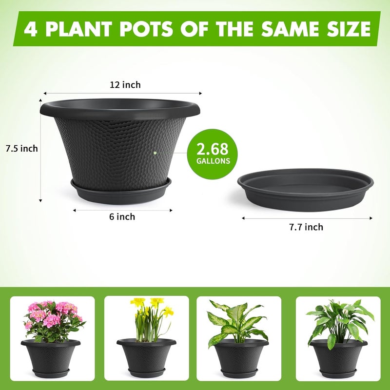 Quarut 12 Inch Pots for Plants,4 Pack Large Flower Pots with Drainage Hole & Saucer,Modern Planters for Indoor Outdoor Plants,Decorative Resin Garden Pots Black - Image 4