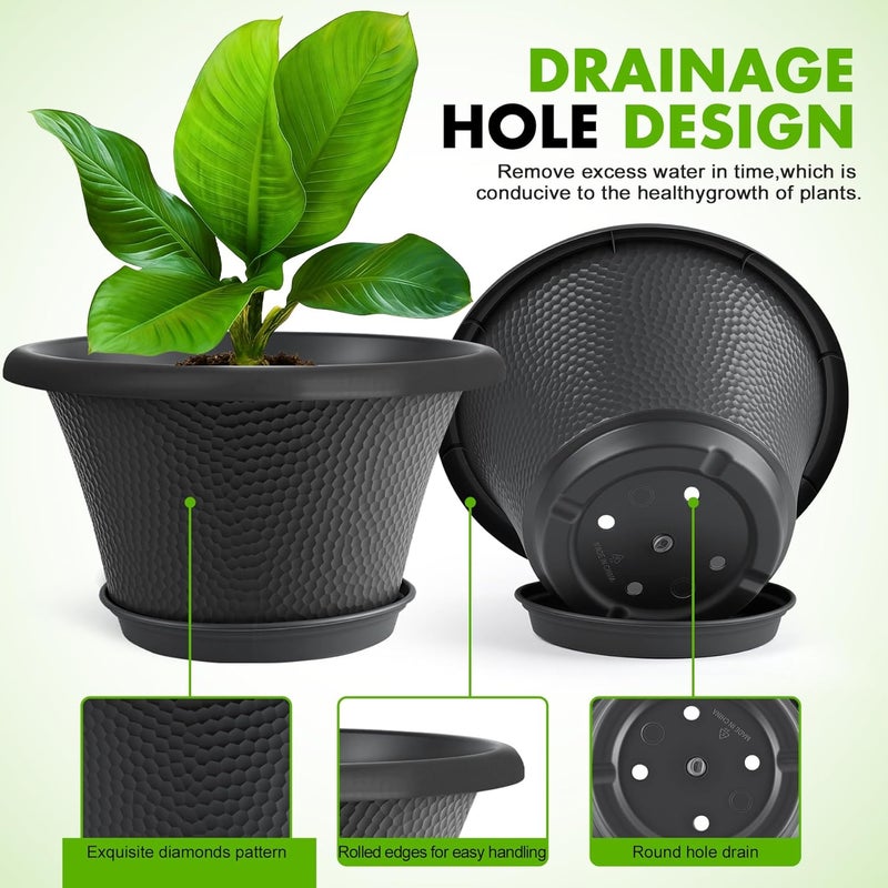 Quarut 12 Inch Pots for Plants,4 Pack Large Flower Pots with Drainage Hole & Saucer,Modern Planters for Indoor Outdoor Plants,Decorative Resin Garden Pots Black - Image 3