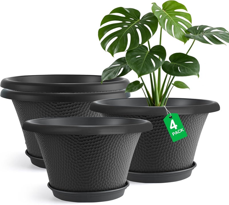 Quarut 12 Inch Pots for Plants,4 Pack Large Flower Pots with Drainage Hole & Saucer,Modern Planters for Indoor Outdoor Plants,Decorative Resin Garden Pots Black - Image 1