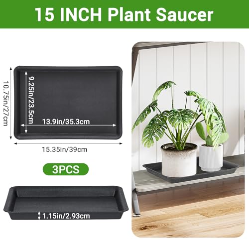 GREANER 3 Packs Plant Saucers Rectangular 15x11x12 Inch Heavy Plastic Plant Saucer Drip Tray Flower Pot Tray for Indoors Outdoor Plant Pots Thick Drip Tray for Garden Potted Water Drips and Soil - Image 3