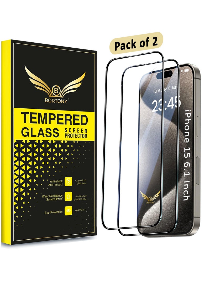 BORTONY iPhone 15 Screen Protector Full Coverage Military-Grade Protection HD Clear Anti-Fingerprint 9H Tempered Glass Film Easy Installation for iPhone 15 6.1"-2 Pack - Image 1