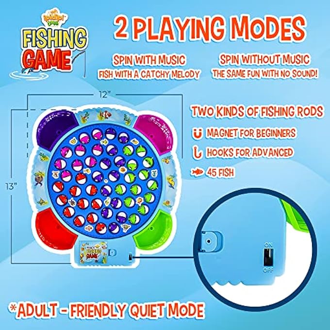 IPIDIPI TOYS مجموعة لعبة الصيد 45 سمكة مغناطيسية 8 أعمدة دوارة المجلس OnOff الموسيقى الأسرة الأطفال الفناء الخلفي لعبة ملونة للأطفال الصغار من سن 3 سنوات فما فوق - Image 3