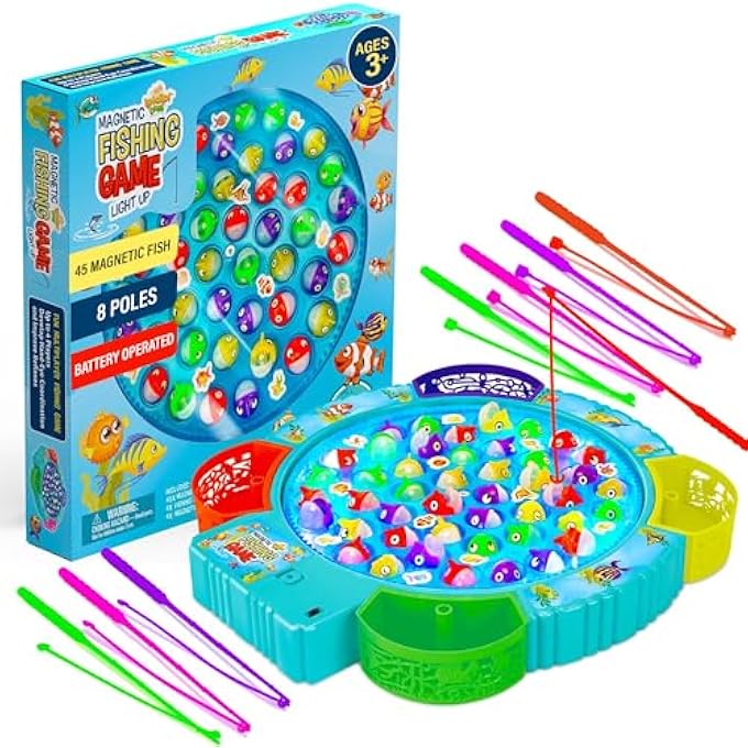 IPIDIPI TOYS مجموعة لعبة الصيد 45 سمكة مغناطيسية 8 أعمدة دوارة المجلس OnOff الموسيقى الأسرة الأطفال الفناء الخلفي لعبة ملونة للأطفال الصغار من سن 3 سنوات فما فوق - Image 1