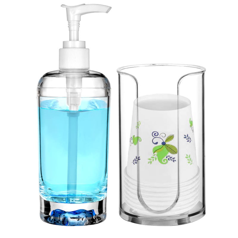Patelai Mouthwash Dispenser for Bathroom Plastic Refillable Mouthwash Dispenser with Paper Cup Holder Clear Mouth Wash Pump Bottle for Guest Bathroom Lavatory Cupboard Countertop 1 Set