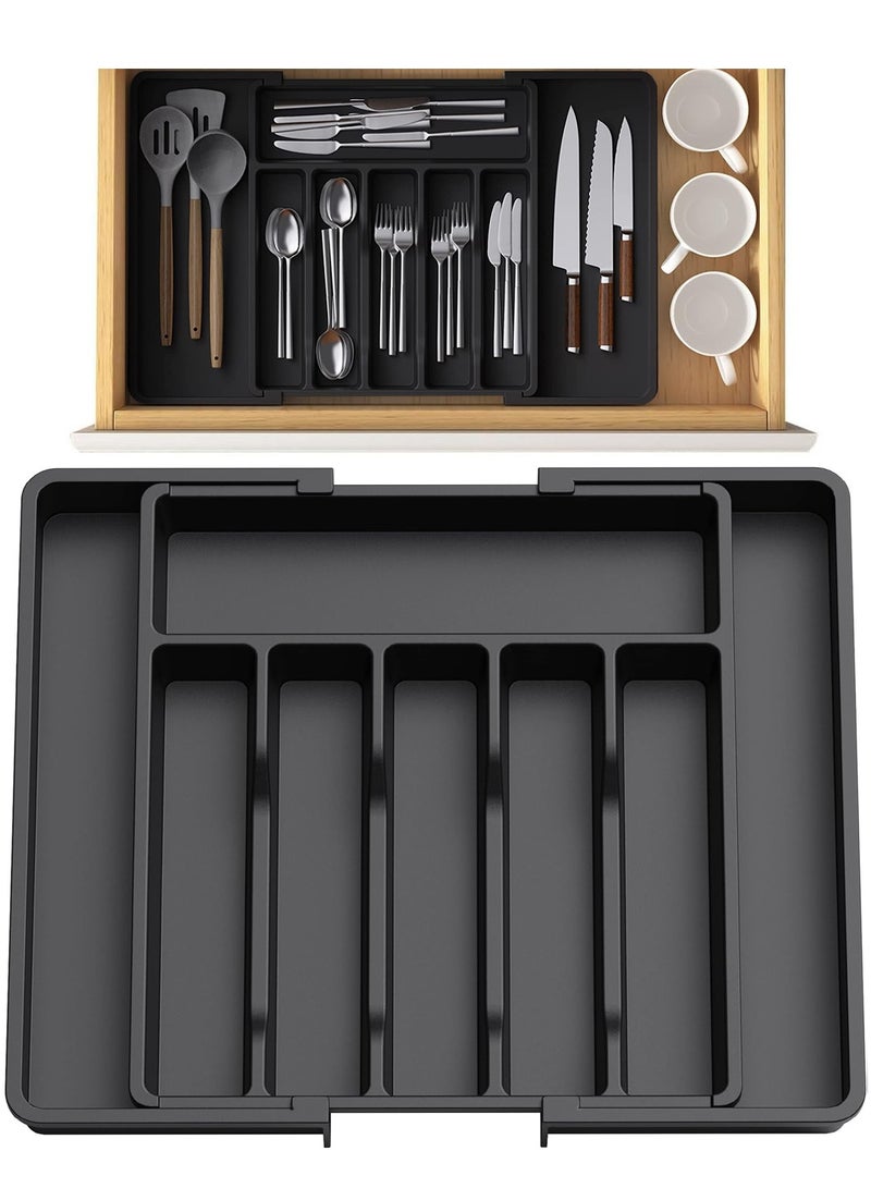 شو وو منظم أدراج أدوات مائدة قابل للتوسيع وقابل للتعديل، أواني كينفي تراينيناي، حامل أدوات فضية وأدوات مائدة، صينية أدوات مائدة للخزانة لسكاكين الشوك والملاعق، - Image 1