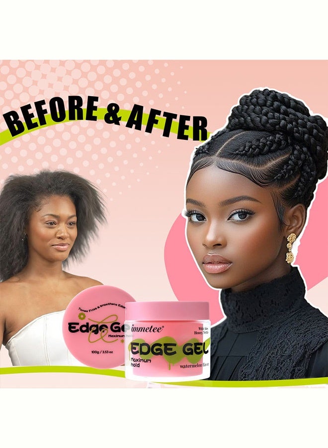 Immetee Edge Gel, Maximum Hold Edge Control for Taming Frizz & Smoothing Baby Hairs, Watermelon Flavor with Aloe Vera, Honey & Nettle, Non-Flaking Edge Styling Gel with Dual-Sided Brush 100g - Image 3