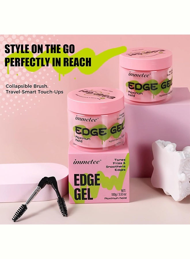 Immetee Edge Gel, Maximum Hold Edge Control for Taming Frizz & Smoothing Baby Hairs, Watermelon Flavor with Aloe Vera, Honey & Nettle, Non-Flaking Edge Styling Gel with Dual-Sided Brush 100g - Image 5
